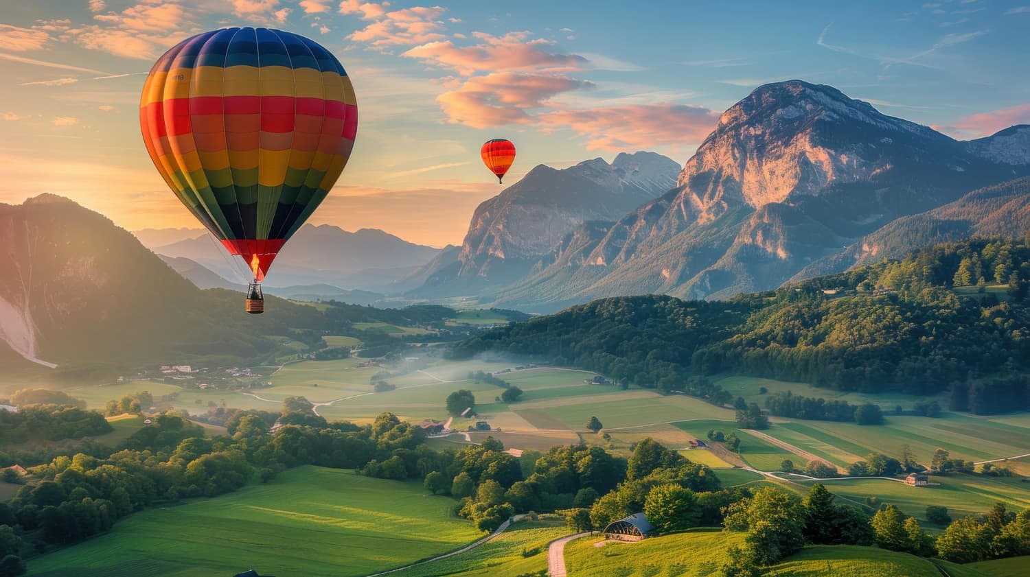 Hot air balloon over mountains